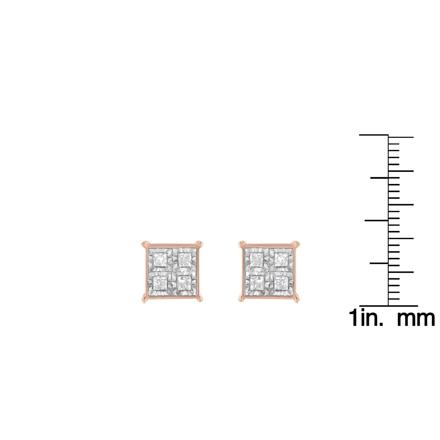 Front view of a pair of rose metal square stud earrings with multiple white princess shape gemstones, shown next to a ruler for size reference.