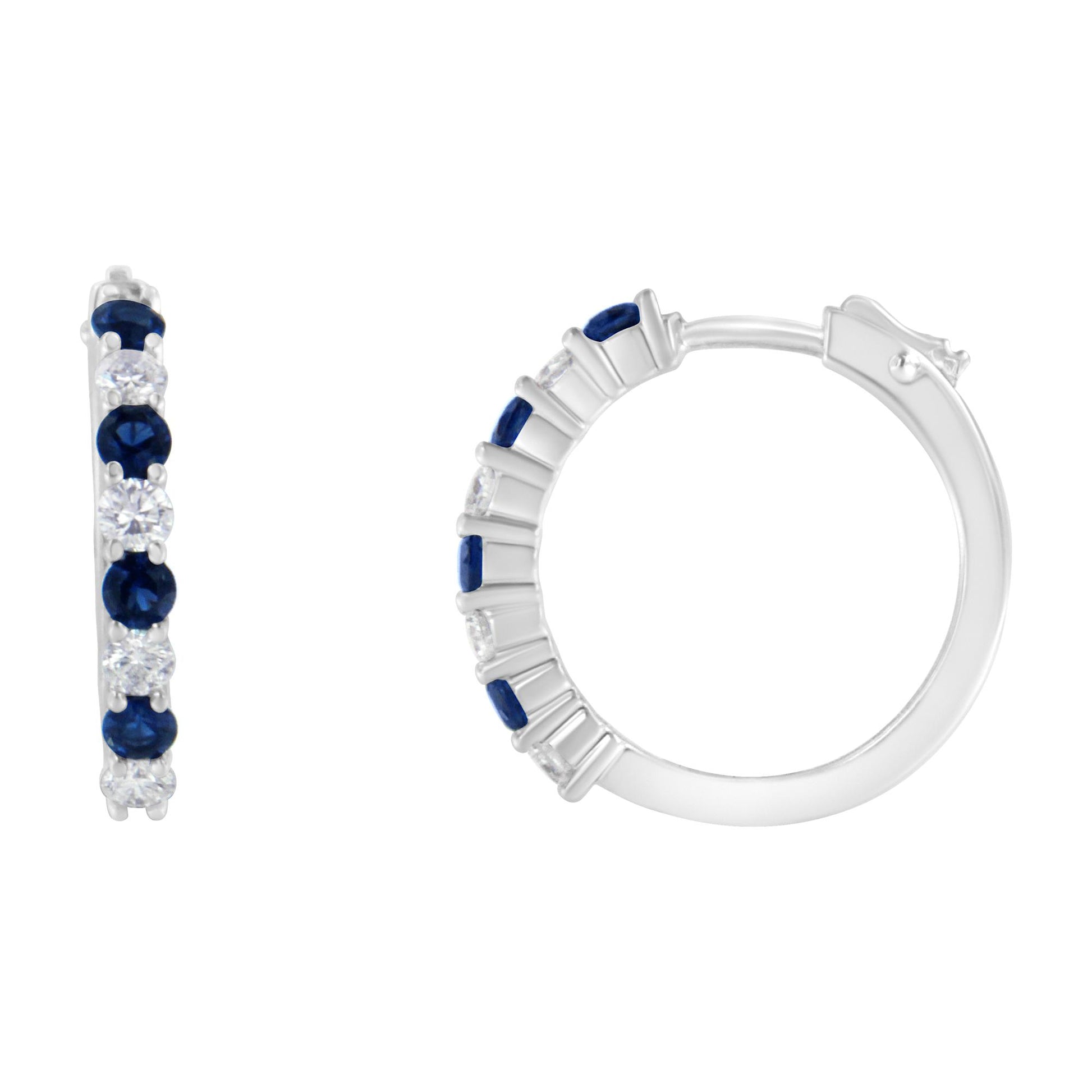 White metal hoop earrings with alternating blue and white round gemstones in prong settings, shown from front and side angles on a white background.