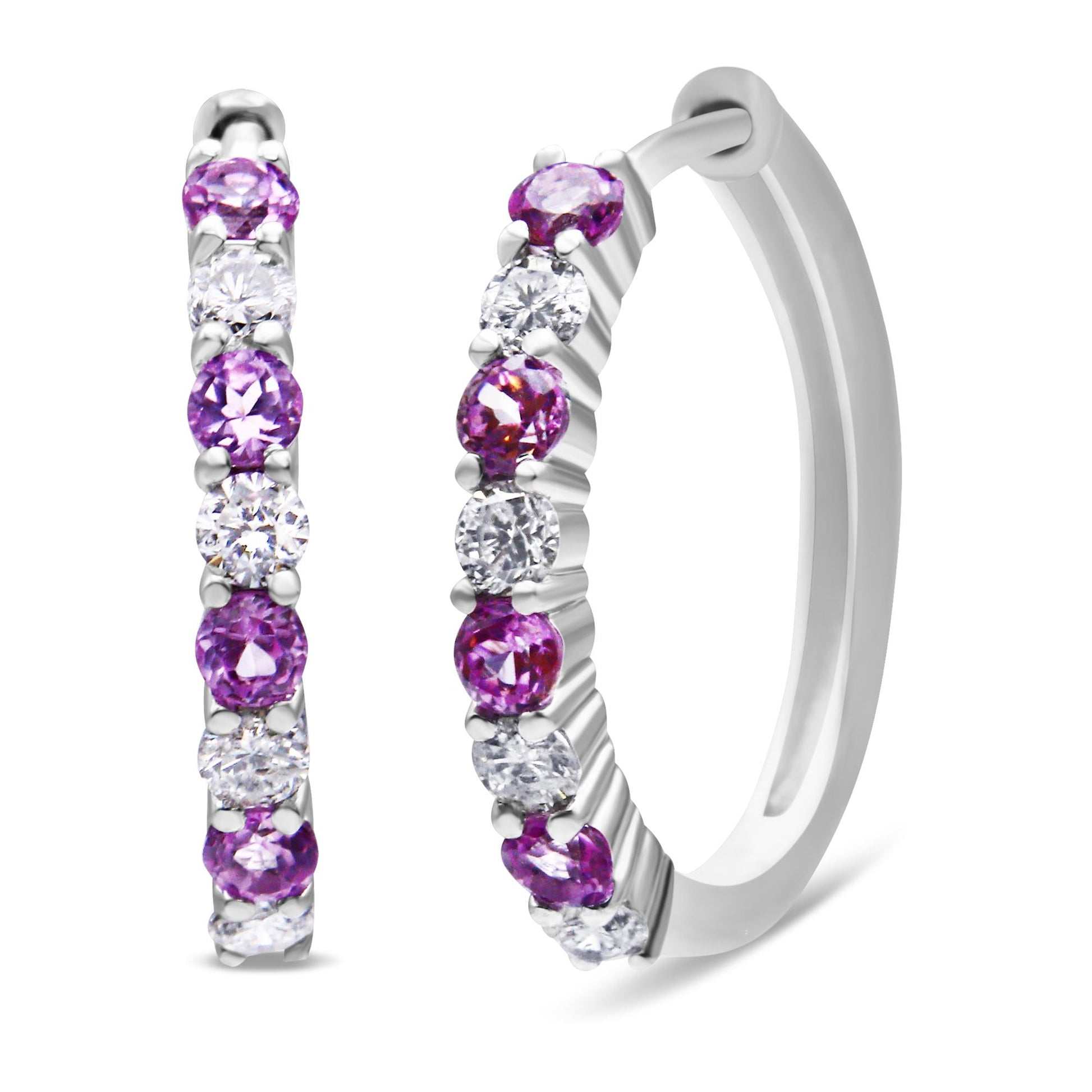 Pair of white metal hoop earrings with alternating round pink and white gemstones in prong settings, shown from a front and angled side view.