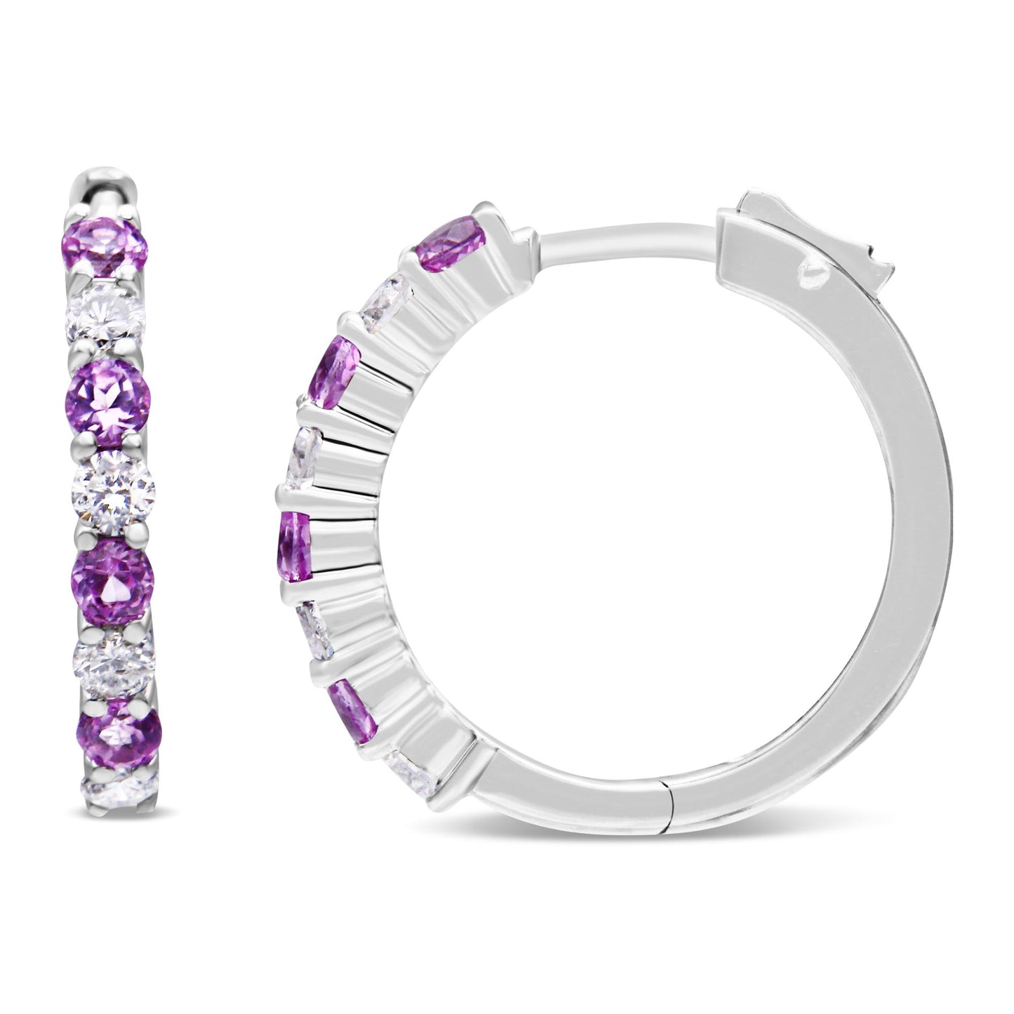 Front and side view of white metal hoop earrings with alternating round pink and white gemstones in prong settings.