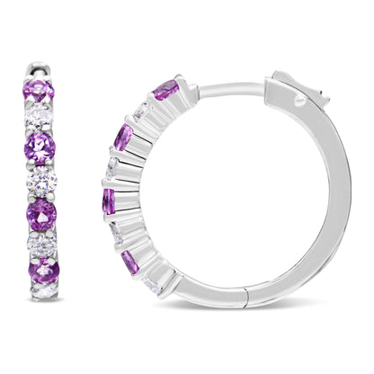 Front and side view of white metal hoop earrings with alternating round pink and white gemstones in prong settings.