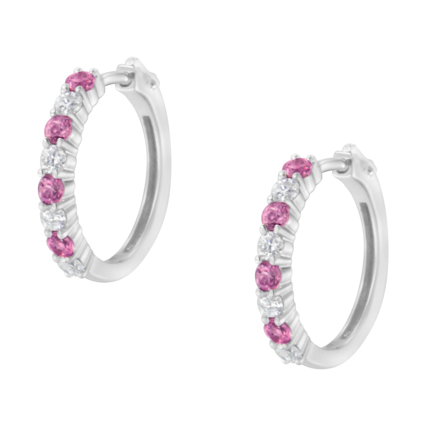 Pair of white metal hoop earrings with alternating round pink and white gemstones in prong settings, shown from a front angle on a white background.