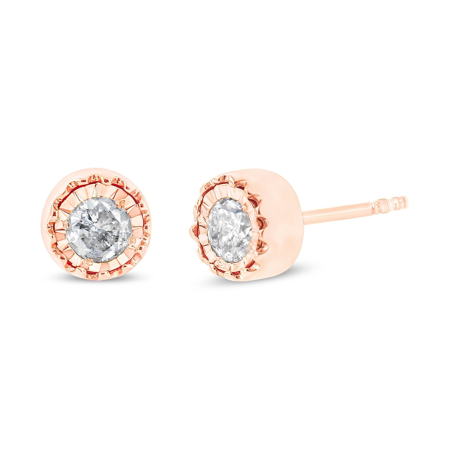 Close-up front and side view of rose metal stud earrings with round white gemstones in a miracle setting.
