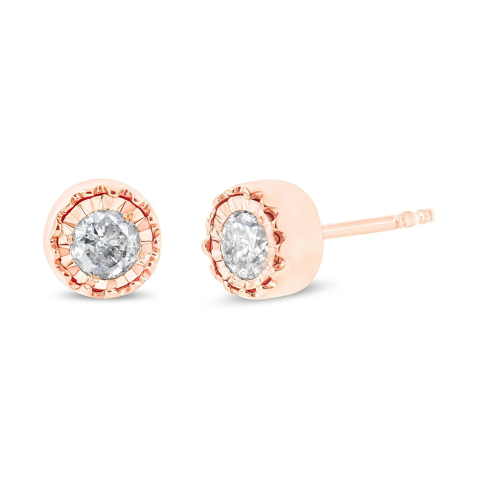 Close-up front and side view of rose metal stud earrings with round white gemstones in a miracle setting.