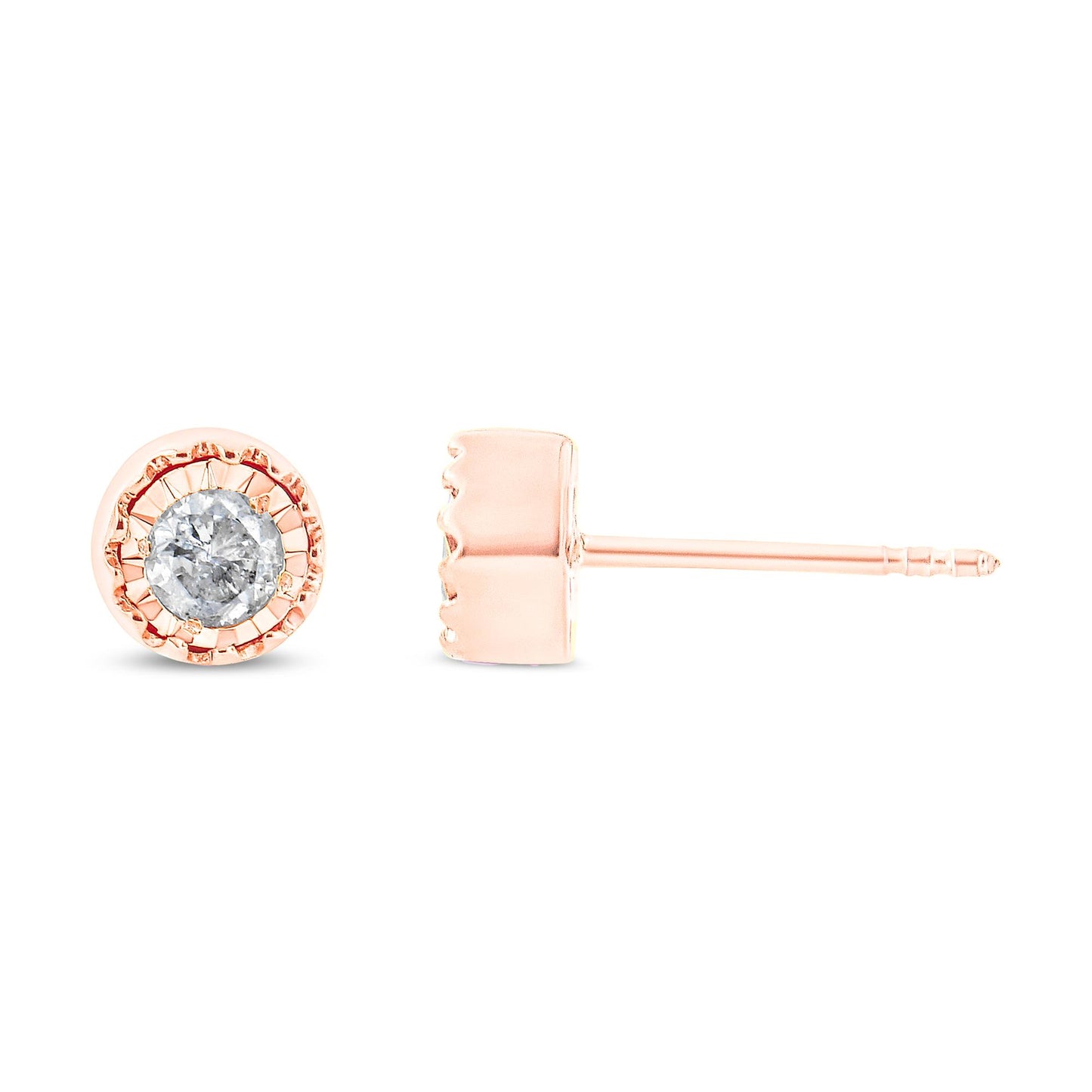 Close-up front and side view of a pair of rose metal stud earrings with round white gemstones in a miracle setting.