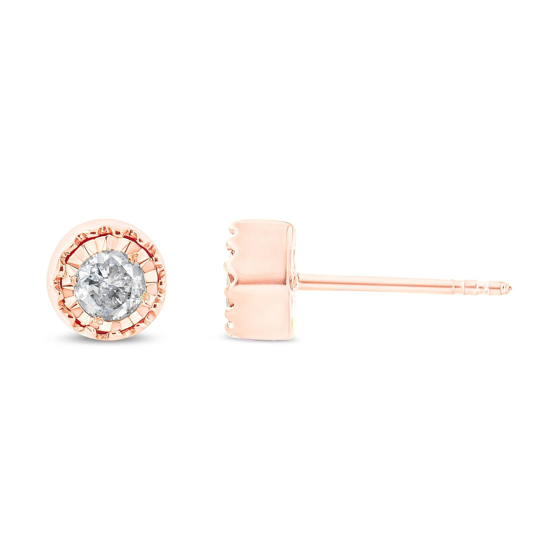 Close-up front and side view of a pair of rose metal stud earrings with round white gemstones in a miracle setting.