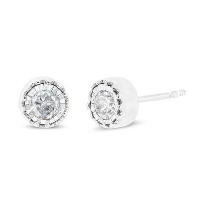 Close-up front and side view of white metal stud earrings with round white gemstones in miracle settings.