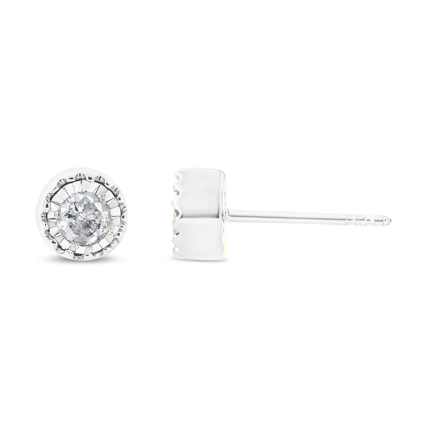 White metal stud earrings with round white gemstones in miracle setting, shown from front and side angles.