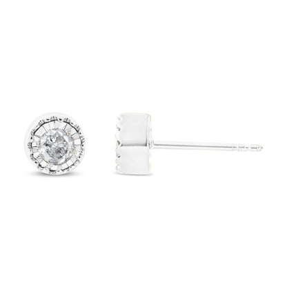 White metal stud earrings with round white gemstones in miracle setting, shown from front and side angles.