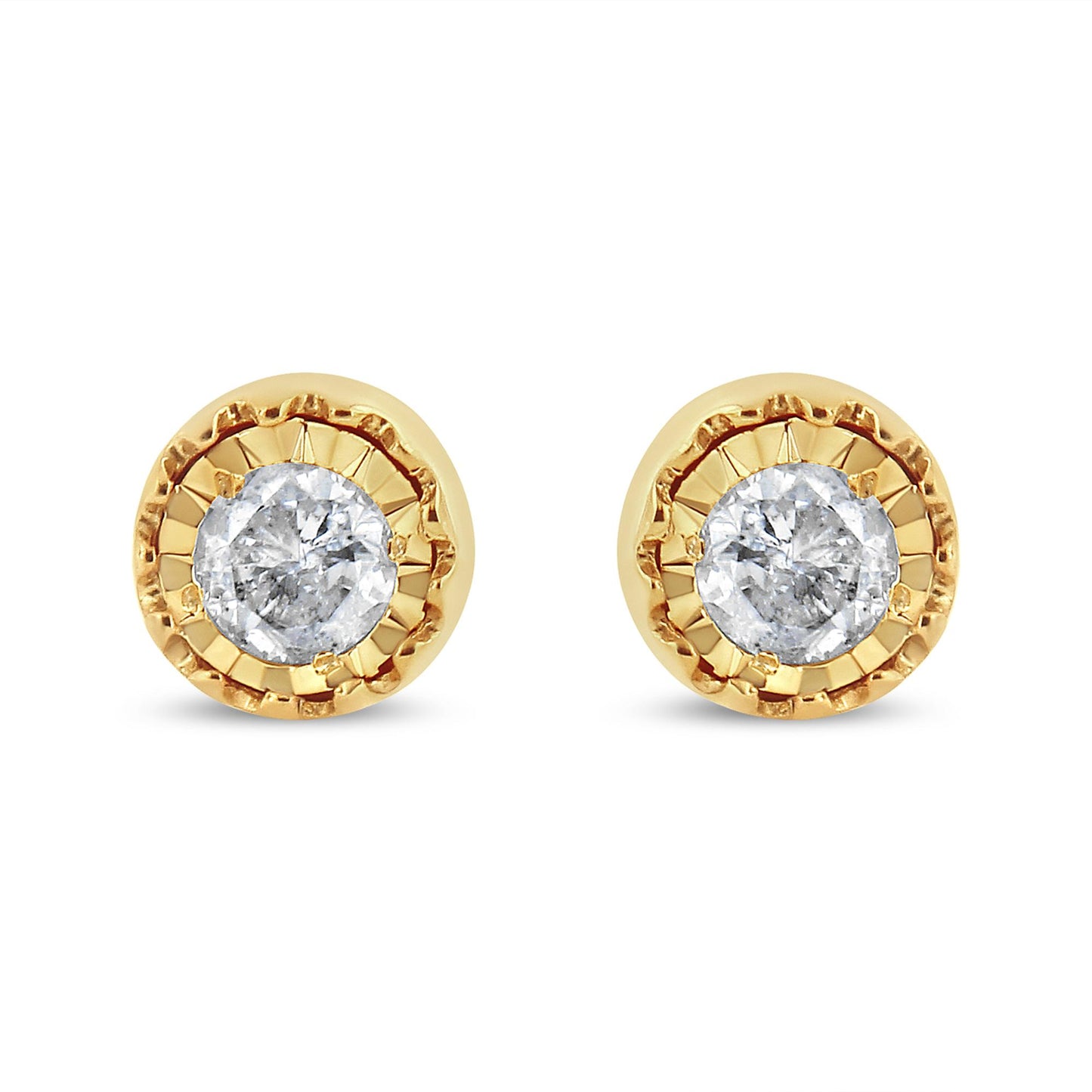 Front view of yellow metal stud earrings with round white gemstones in miracle setting.
