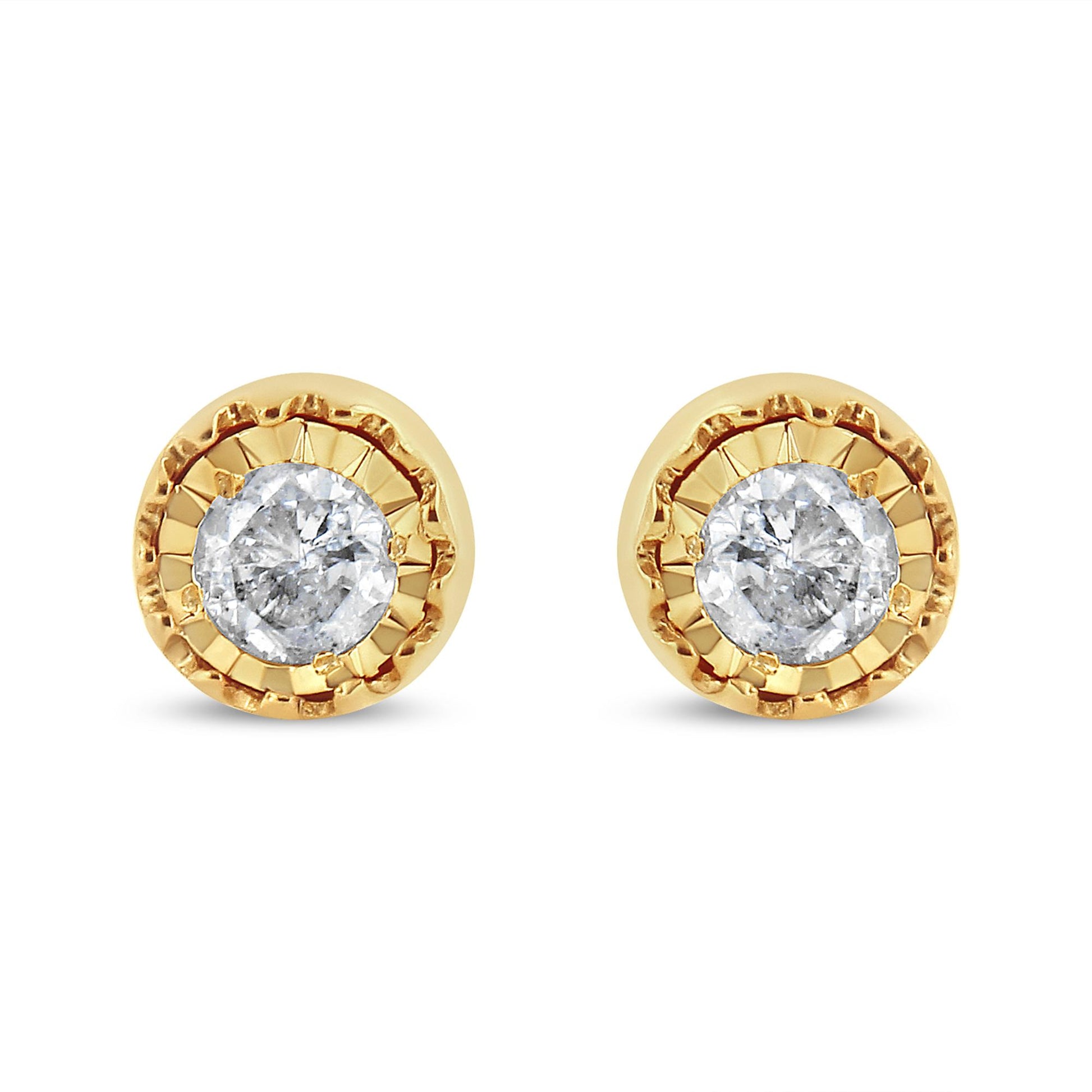 Front view of yellow metal stud earrings with round white gemstones in miracle setting.