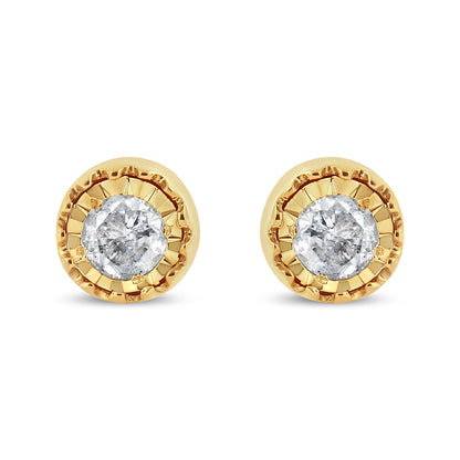 Front view of yellow metal stud earrings with round white gemstones in miracle setting.