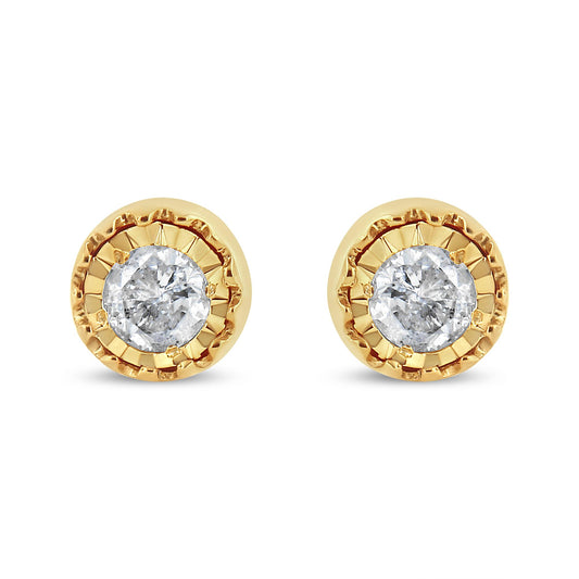Front view of yellow metal stud earrings with round white gemstones in miracle setting.