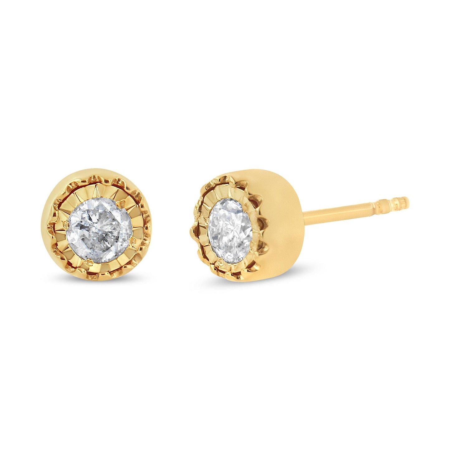 Pair of yellow metal stud earrings with round white gemstones in miracle settings, shown from a front and side angle on a white background.