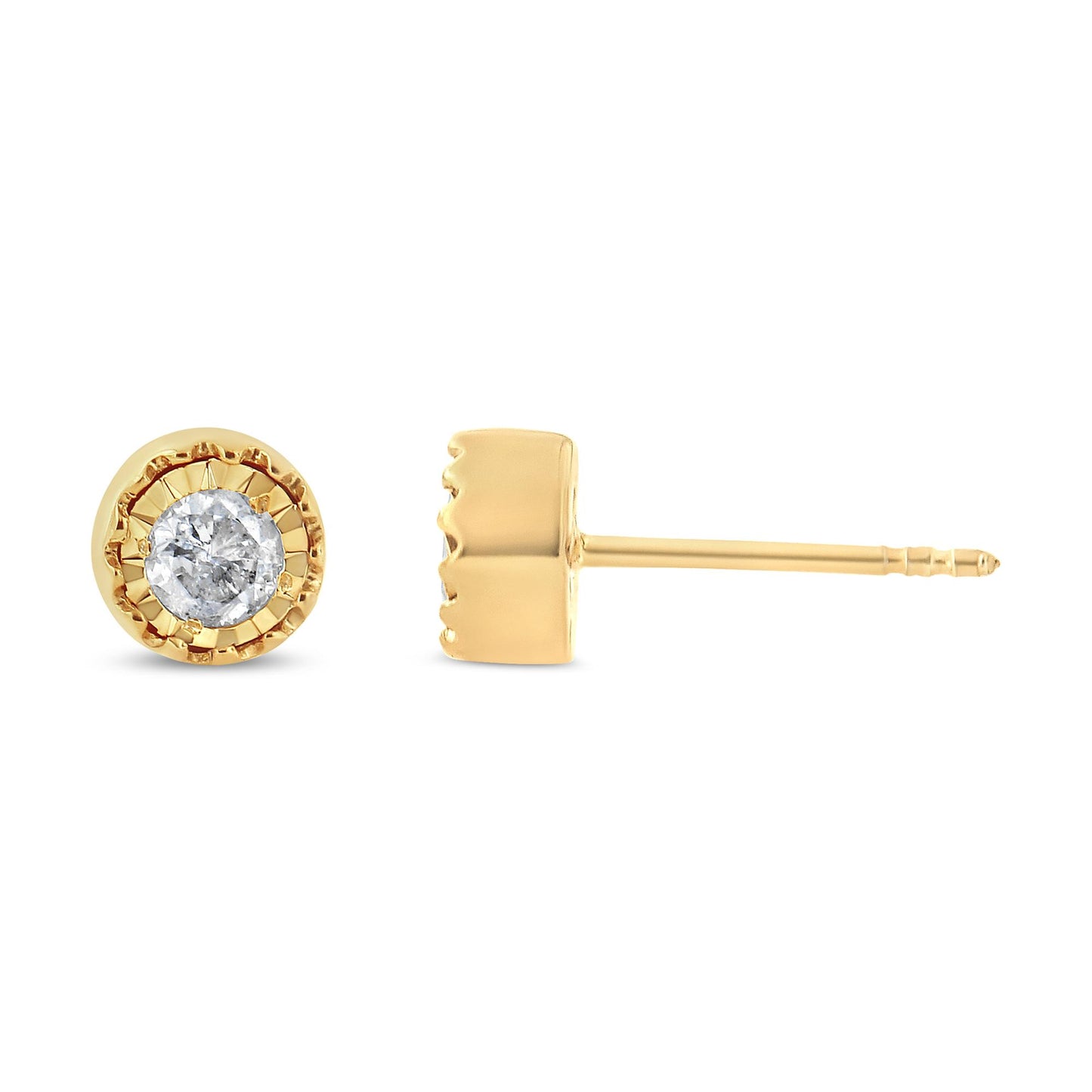 Close-up front and side view of yellow metal stud earring with round white gemstone in a miracle setting.