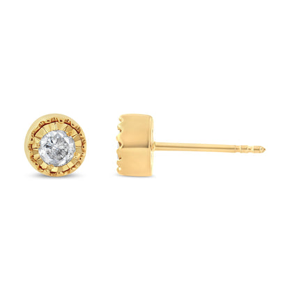 Close-up front and side view of yellow metal stud earring with round white gemstone in a miracle setting.