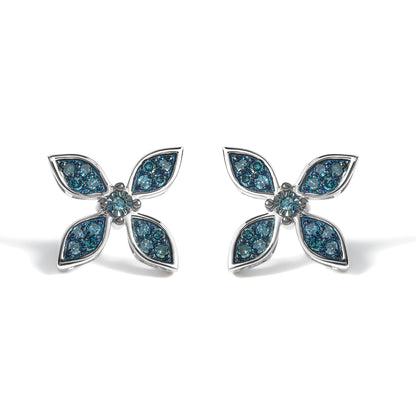 .925 Sterling Silver 1/3 Cttw Blue Diamond Floral Earrings