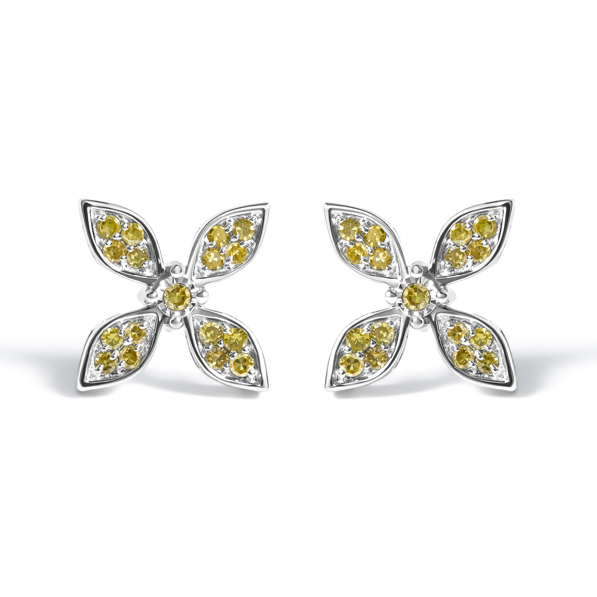 Sterling Silver Yellow Treated Diamond Accent Floral Stud Earrings
