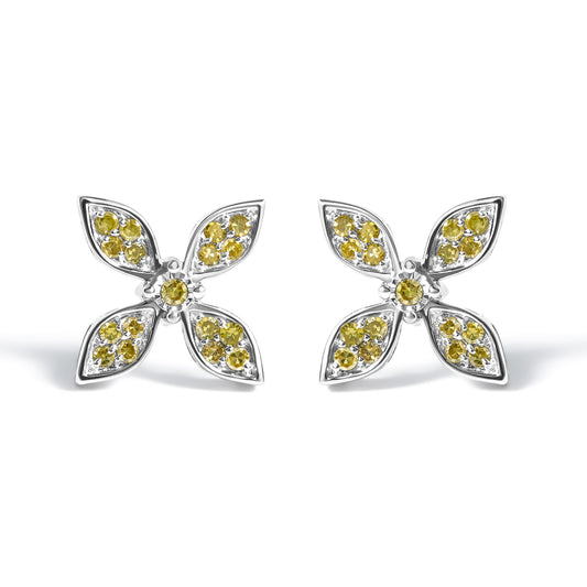 Sterling Silver Yellow Treated Diamond Accent Floral Stud Earrings