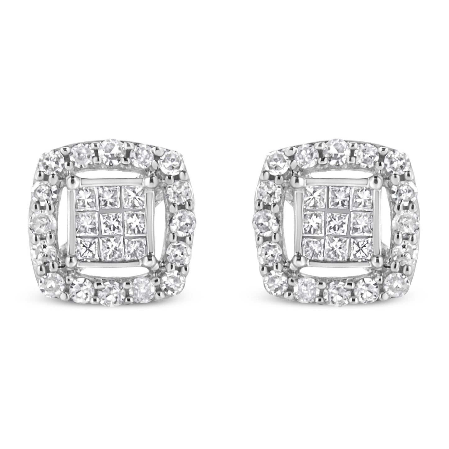 Front-angle view of a pair of white metal square-shaped stud earrings featuring round white gemstones in prong settings around the outer edge and princess-shaped white gemstones in invisible settings in the center.
