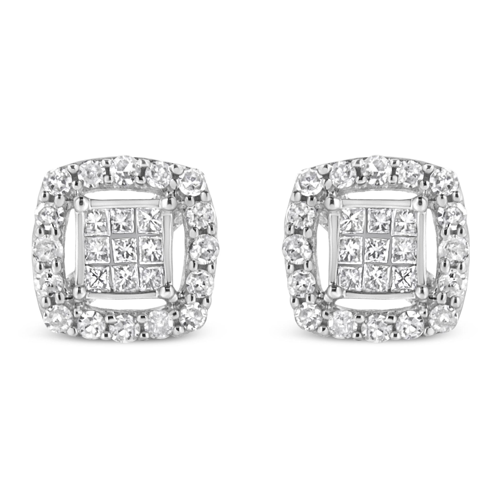 Front-angle view of a pair of white metal square-shaped stud earrings featuring round white gemstones in prong settings around the outer edge and princess-shaped white gemstones in invisible settings in the center.