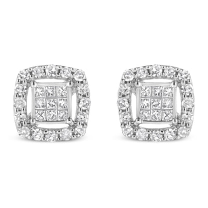 Front-angle view of a pair of white metal square-shaped stud earrings featuring round white gemstones in prong settings around the outer edge and princess-shaped white gemstones in invisible settings in the center.