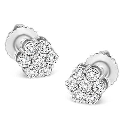 Pair of white metal stud earrings with cluster of round white gemstones in prong setting, shown from a slightly angled front view.