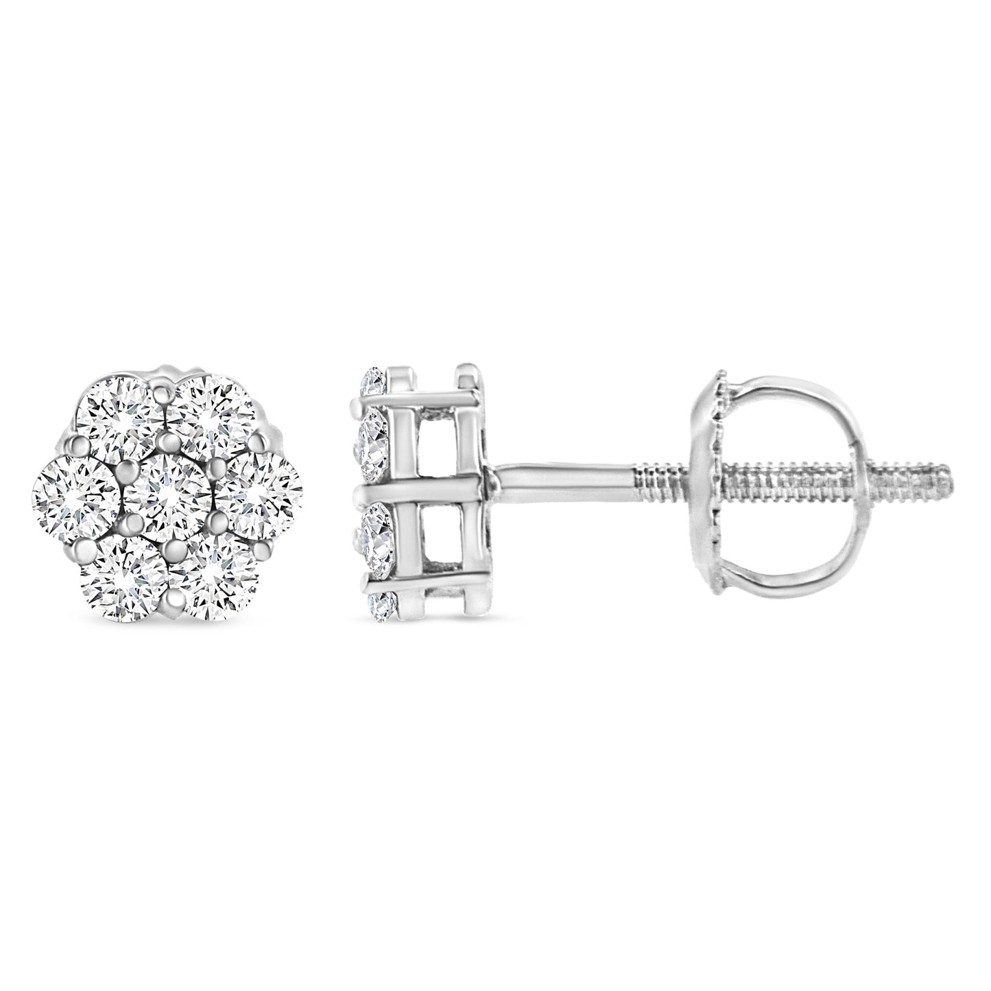 Close-up front and side views of a white metal stud earring with round white gemstones in prong settings forming a cluster design.