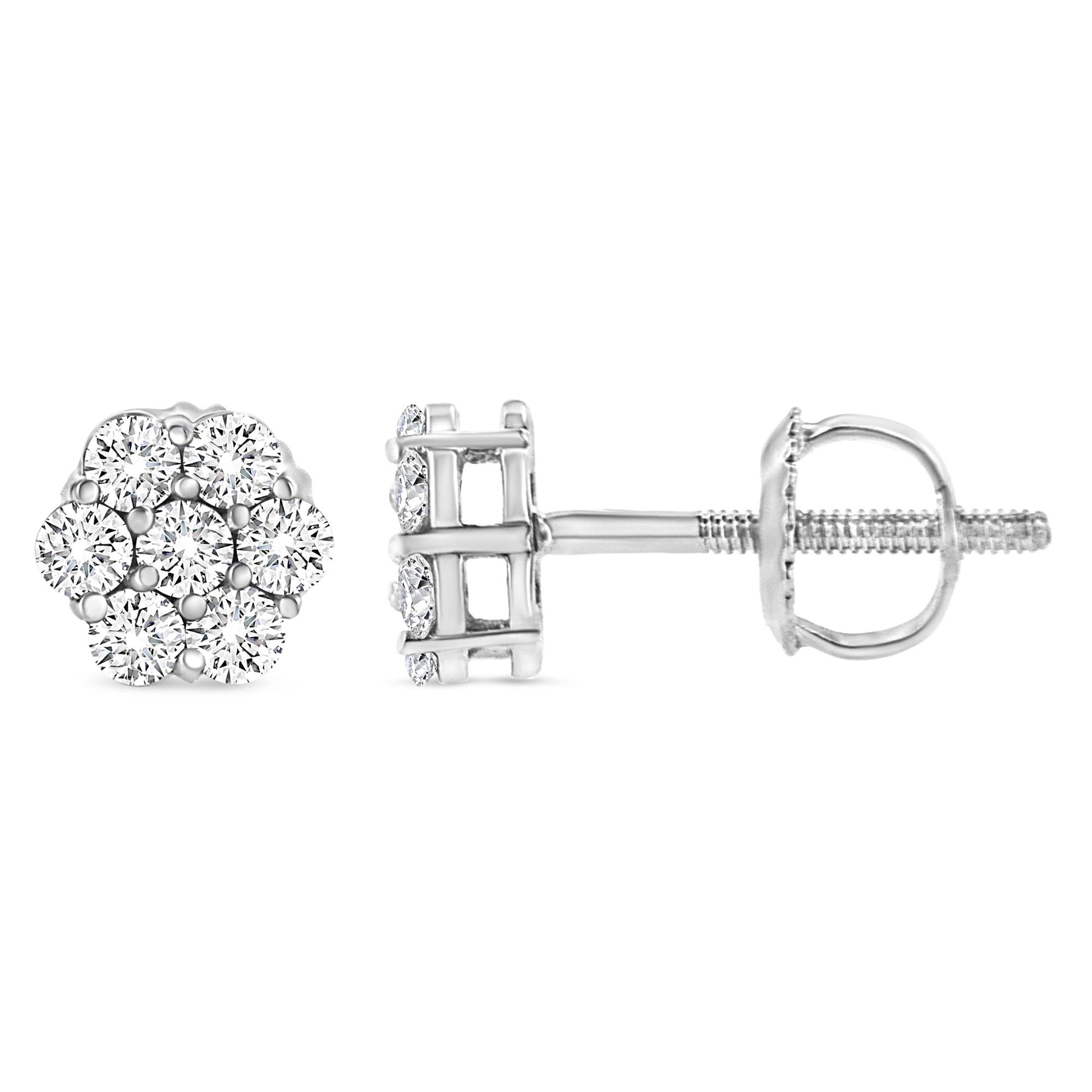 Close-up front and side views of a white metal stud earring with round white gemstones in prong settings forming a cluster design.