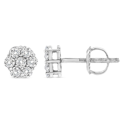 Close-up front and side views of a white metal stud earring with round white gemstones in prong settings forming a cluster design.