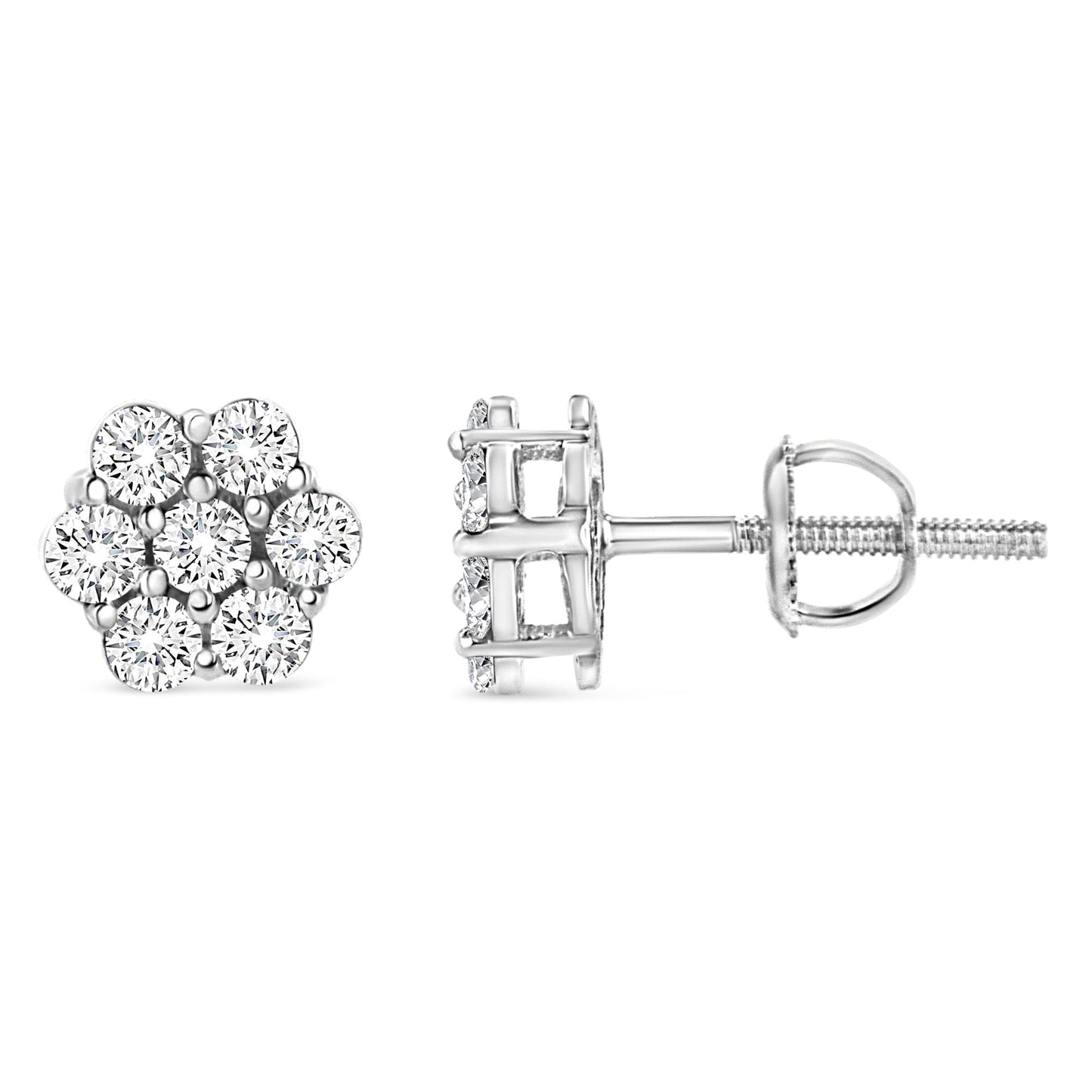 Pair of white metal earrings with cluster of round white gemstones in prong settings, shown from front and side angle on white background.