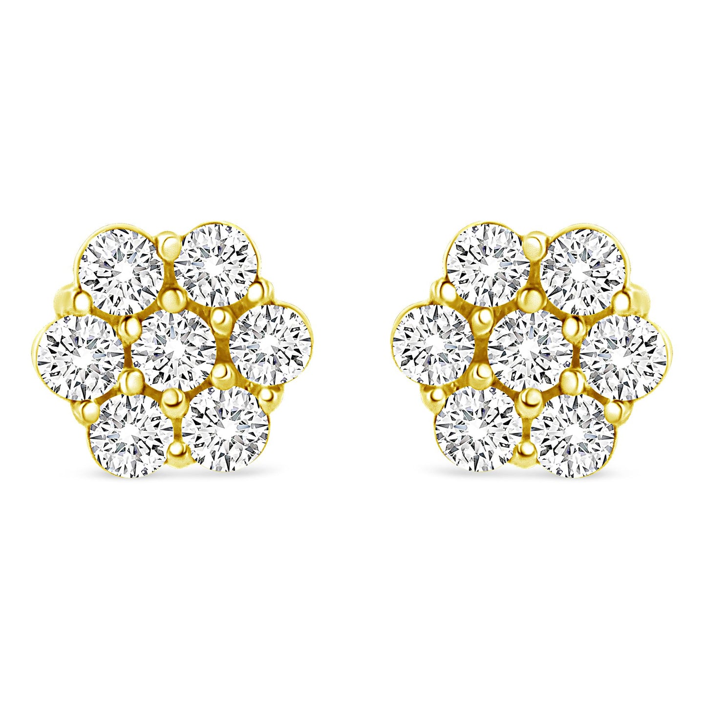 Front angle view of yellow metal cluster earrings with multiple round white gemstones in prong settings.
