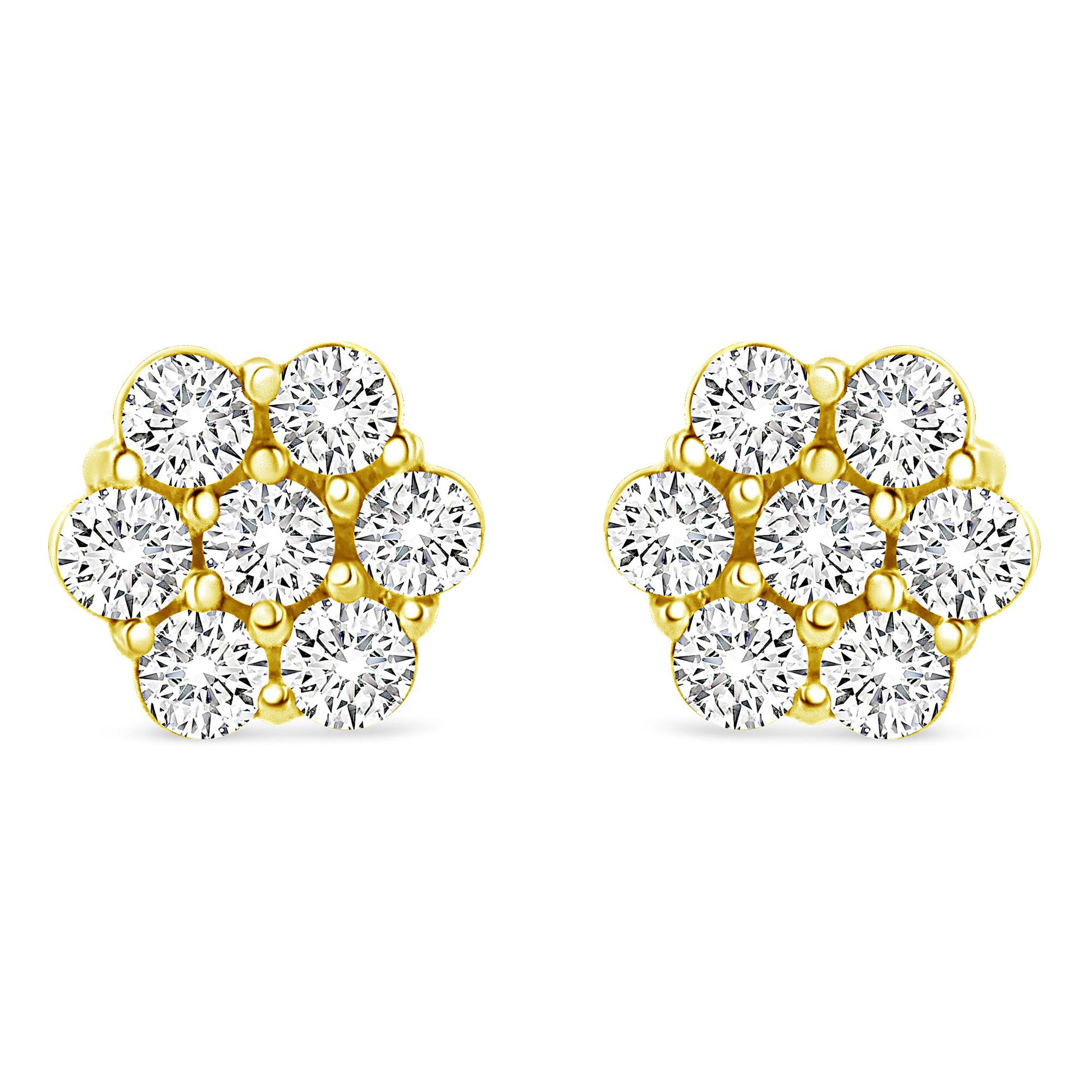 Front angle view of yellow metal cluster earrings with multiple round white gemstones in prong settings.