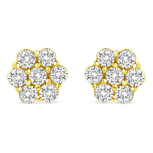 Front angle view of yellow metal cluster earrings with multiple round white gemstones in prong settings.