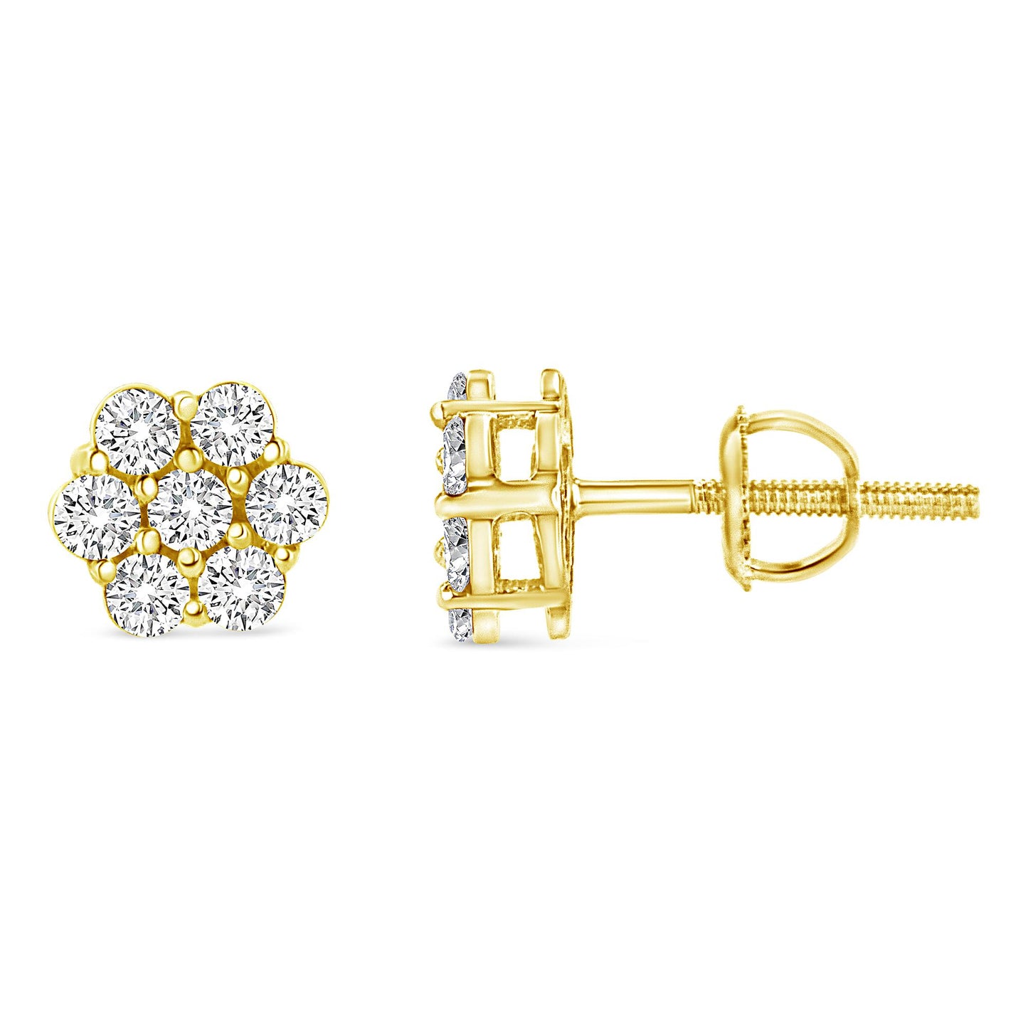 Close-up front and side views of yellow metal stud earrings with multiple round white gemstones in prong settings arranged in a cluster.