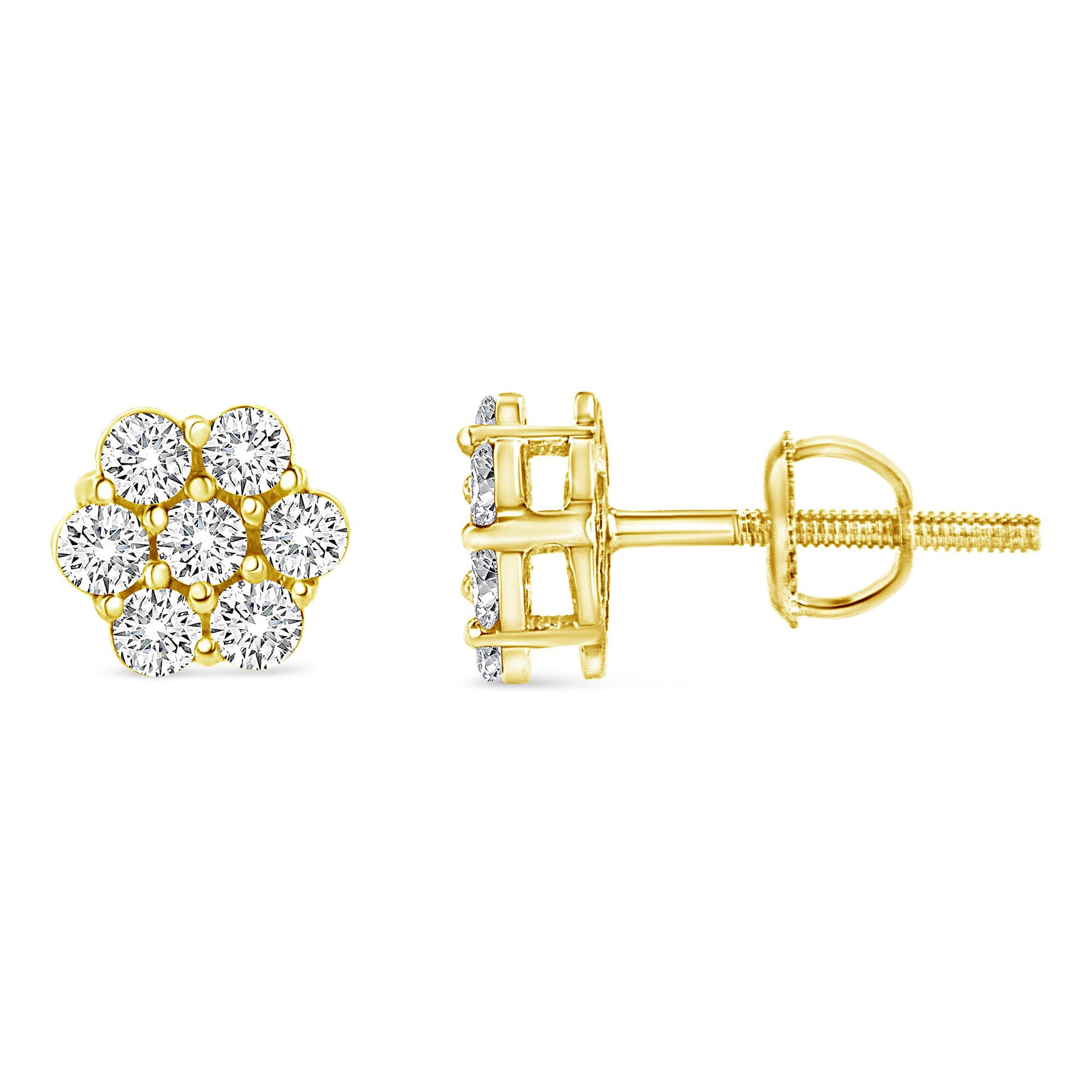 Close-up front and side views of yellow metal stud earrings with multiple round white gemstones in prong settings arranged in a cluster.