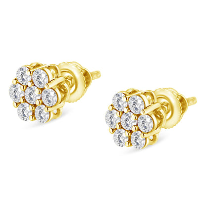 Pair of yellow metal stud earrings with cluster of round white gemstones in prong settings, shown from a three-quarter angled view.