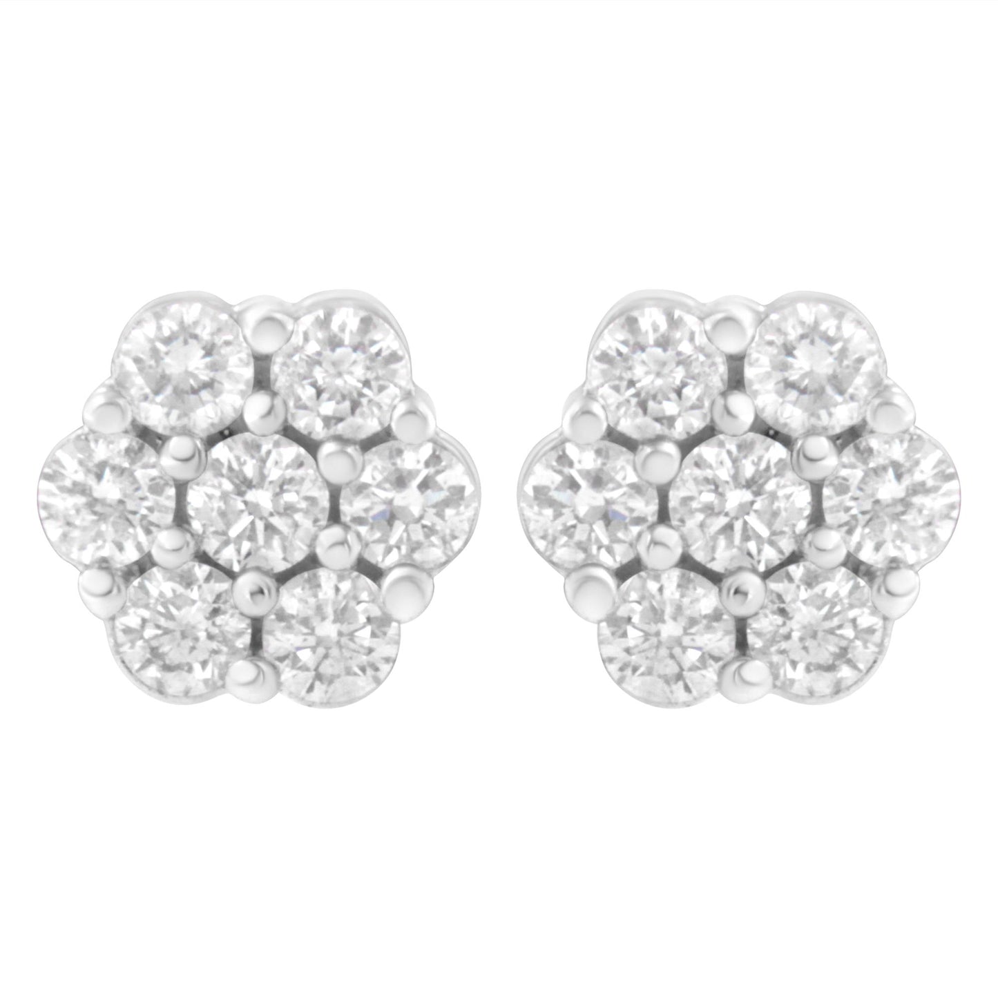 Front view of white metal cluster earrings with round white gemstones in prong settings.