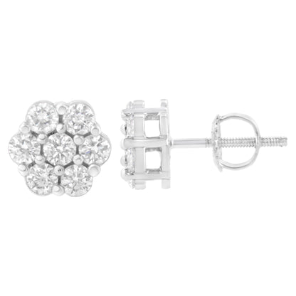 Close-up front and side view of a white metal stud earring with a cluster of round white gemstones in prong settings.