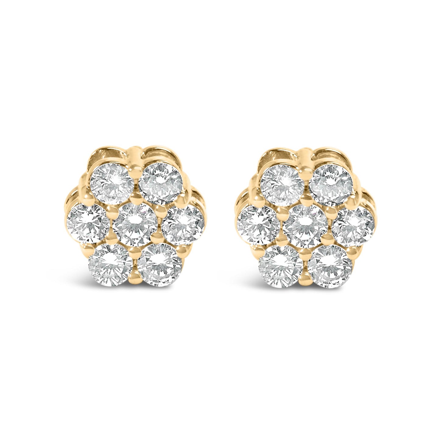 Front view of a pair of yellow metal stud earrings each featuring clustered round white gemstones in prong settings.