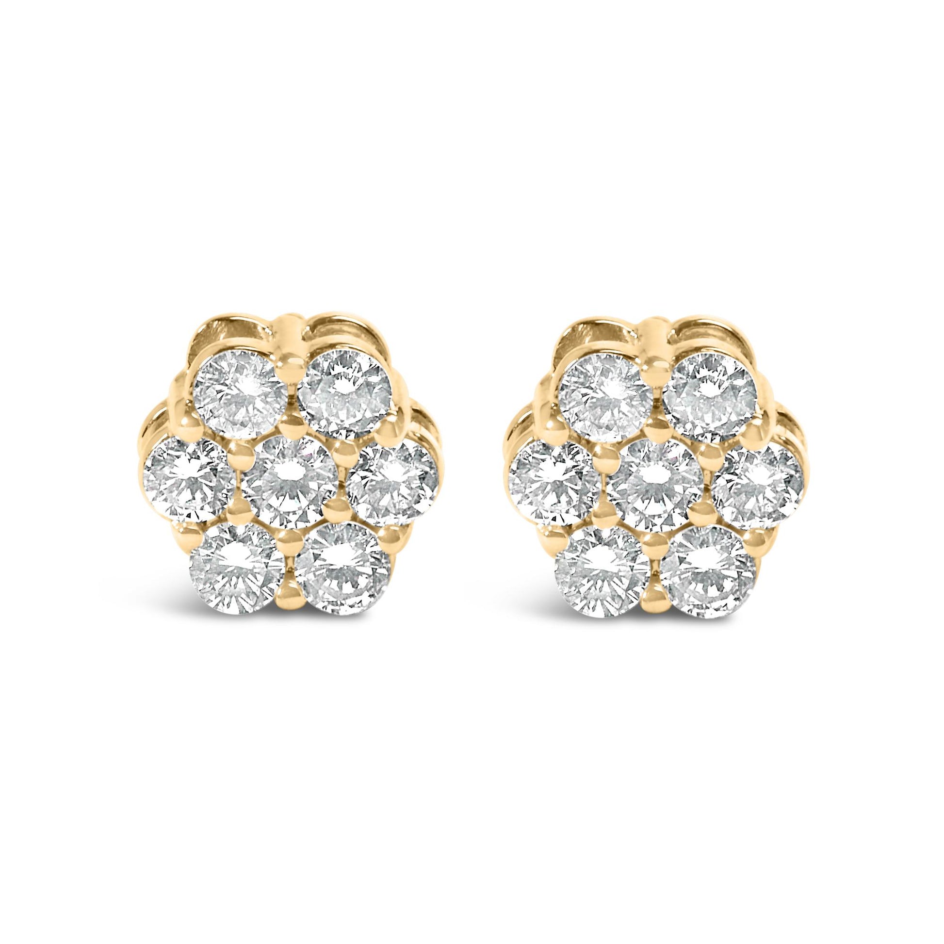 Front view of a pair of yellow metal stud earrings each featuring clustered round white gemstones in prong settings.