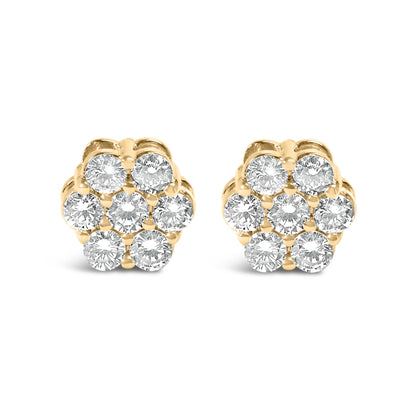 Front view of a pair of yellow metal stud earrings each featuring clustered round white gemstones in prong settings.