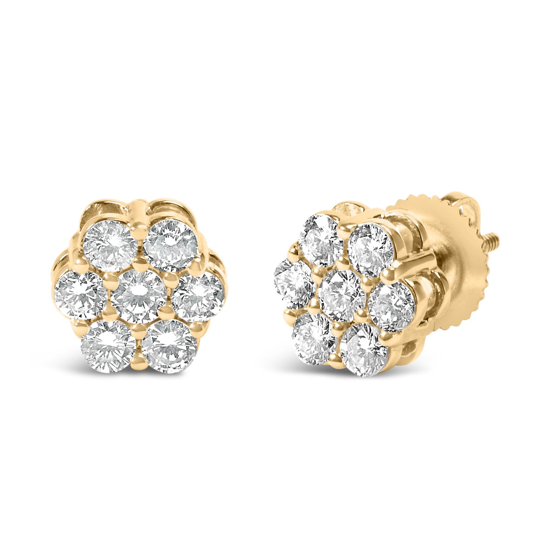 Pair of yellow metal stud earrings with round white gemstones in prong settings, shown from front and angled side views.