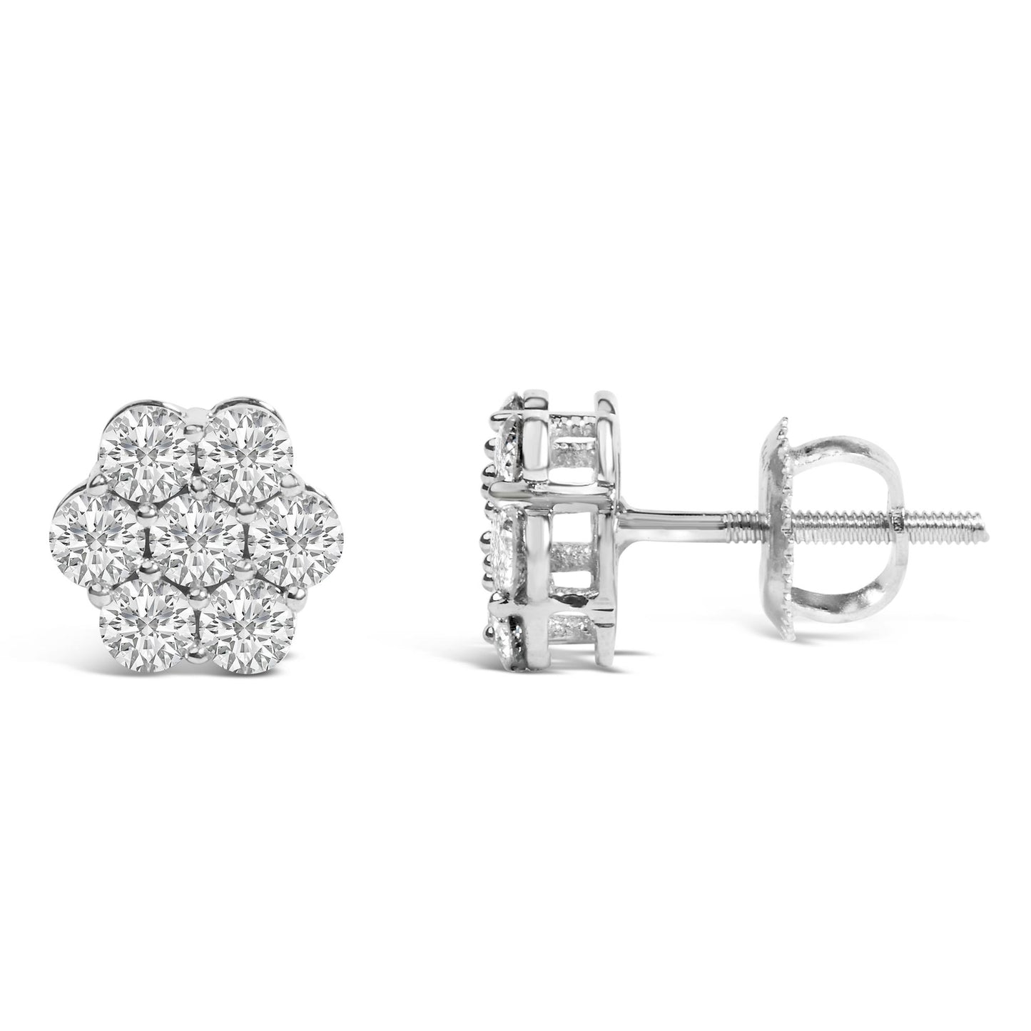 Pair of white metal stud earrings with round white gemstones in prong settings arranged in a cluster, shown from front and side angles.