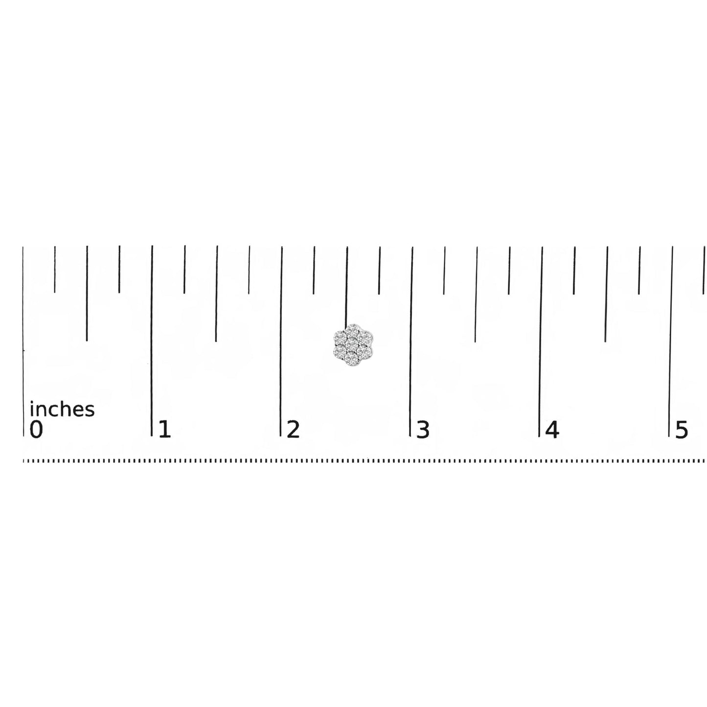 Close-up front view of a white metal earring with round white gemstones in prong settings arranged in a floral cluster, displayed on a ruler for size reference.