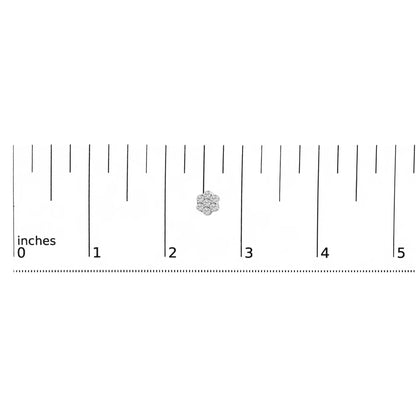 Close-up front view of a white metal earring with round white gemstones in prong settings arranged in a floral cluster, displayed on a ruler for size reference.