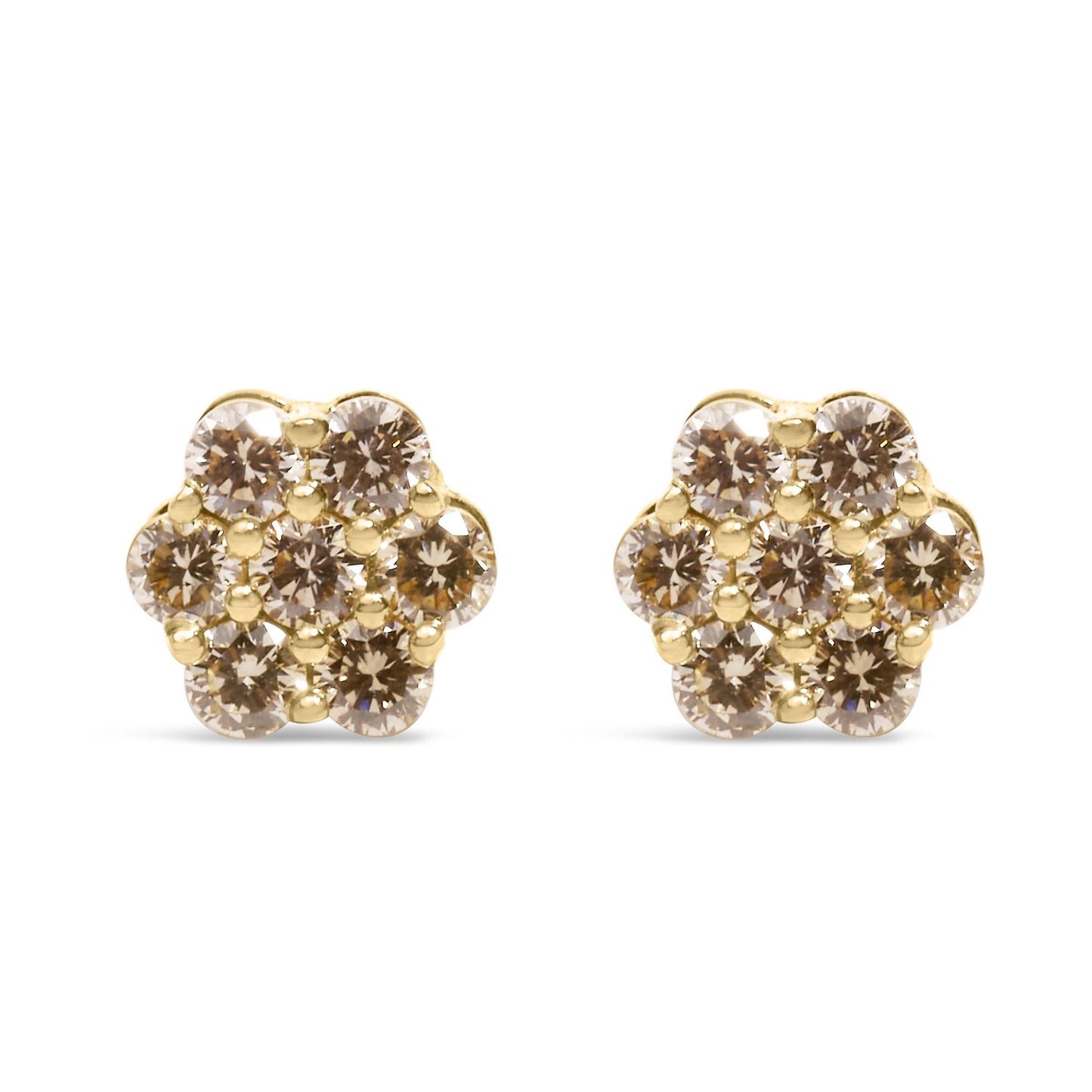Front view of yellow metal flower-shaped earrings with multiple round white gemstones in prong settings.