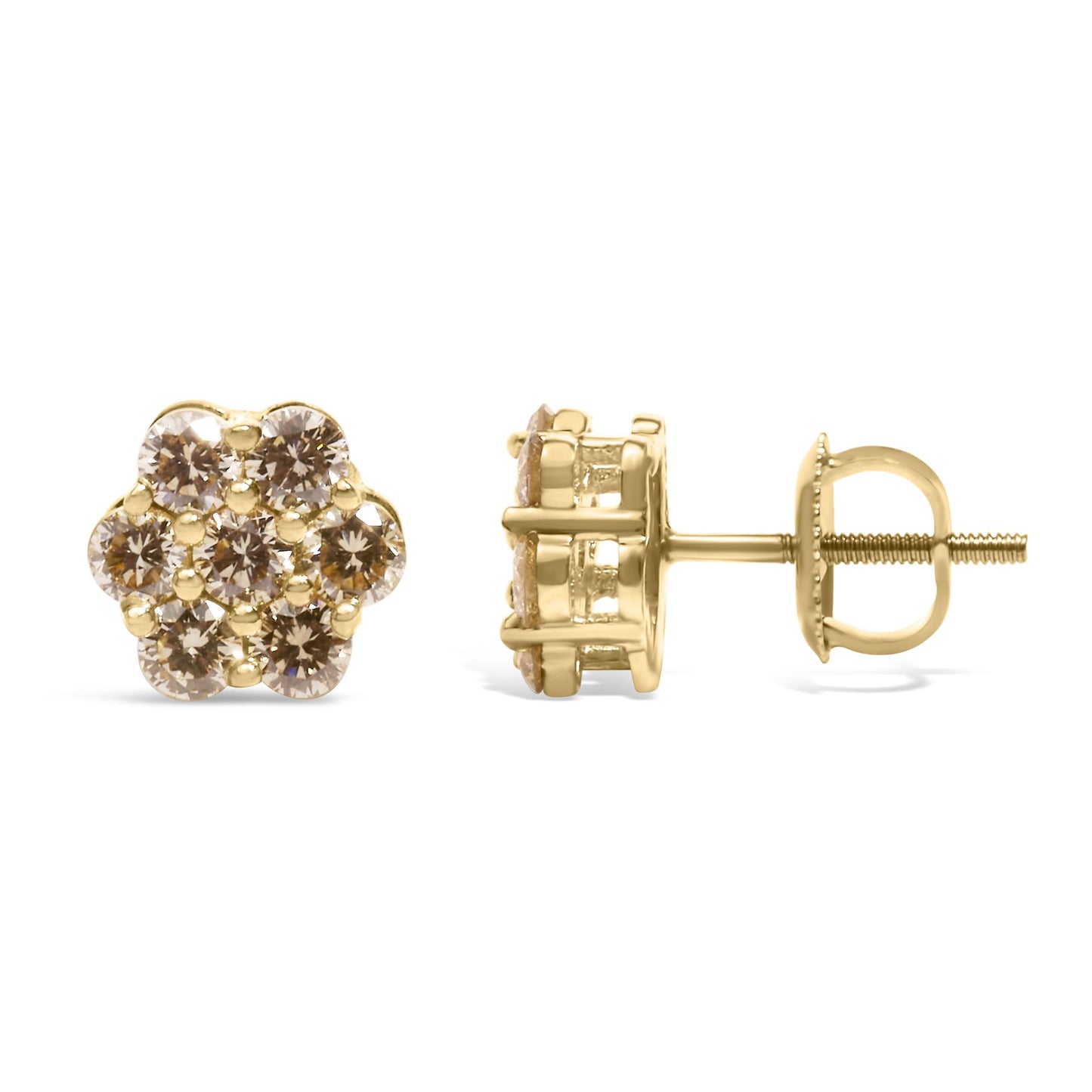 Front and side angled views of yellow metal stud earrings with round white gemstones in prong settings arranged in a flower shape.