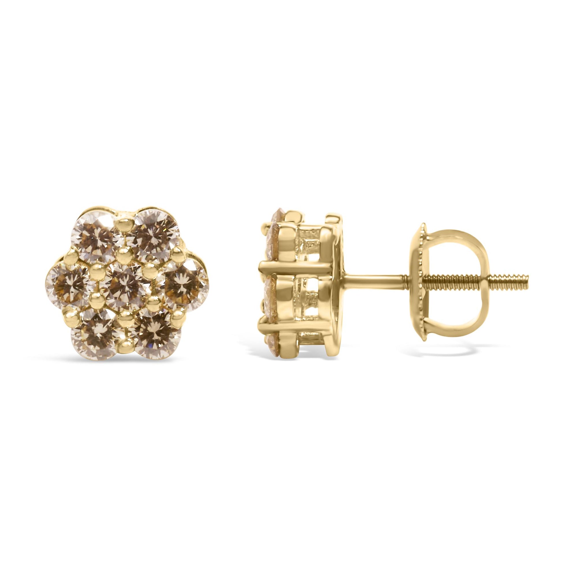 Front and side angled views of yellow metal stud earrings with round white gemstones in prong settings arranged in a flower shape.