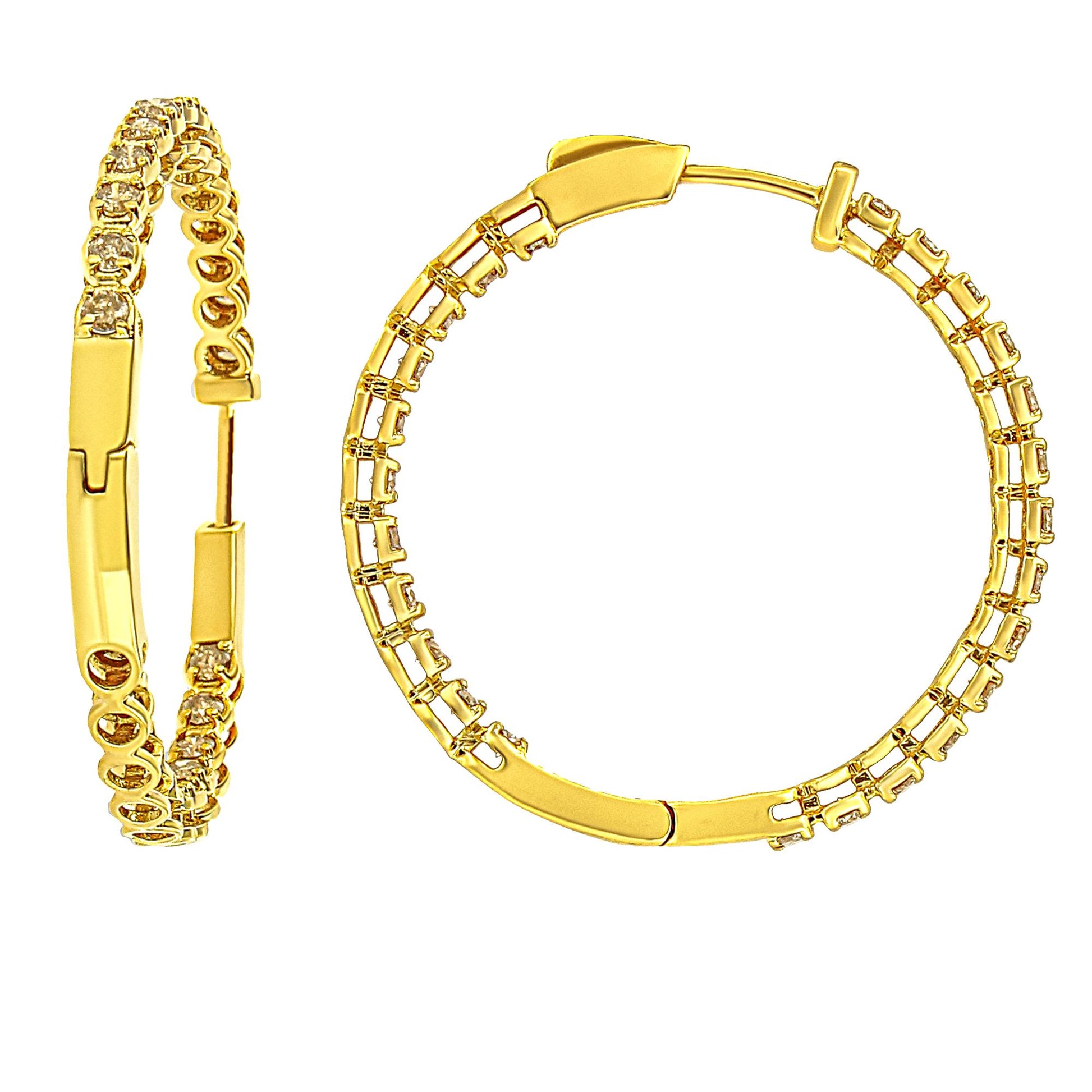 Pair of yellow metal hoop earrings with round prong-set champagne-colored gemstones, shown from front and side angles on a white background.